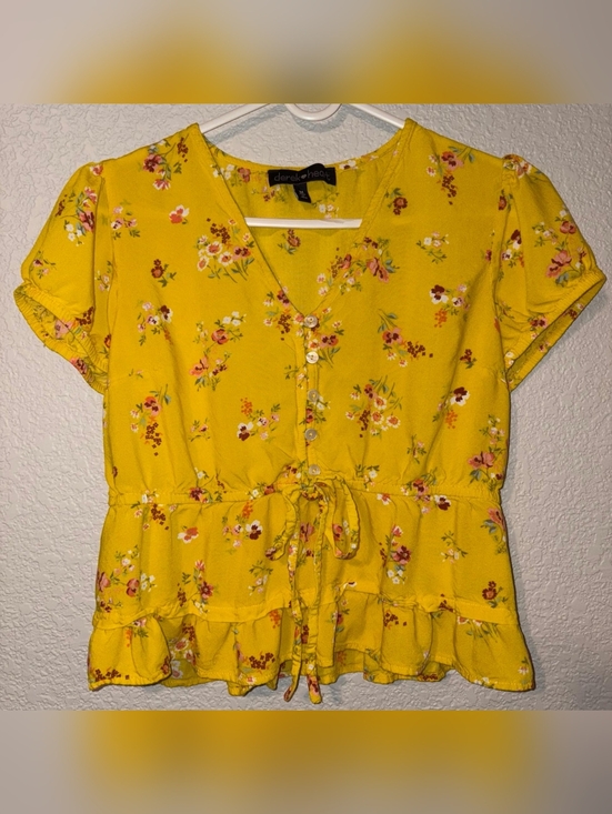 Derek Heart Tops - Derek Heart Yellow Floral Mock Button-Front Tie-Waist Peplum Top Med